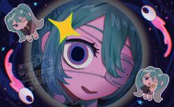 1girl aqua_hair blue_eyes chibi eyeball eyepatch freckles hair_between_eyes hatsune_miku highres long_hair looking_at_viewer medical_eyepatch monitoring_(vocaloid) multiple_views onemubot open_mouth portrait pov_peephole ringed_eyes sidelocks smile sparkle twintails very_long_hair vocaloid