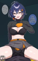 Rule 34 | 1boy, 1girl, ahoge, artist name, belle (zenless zone zero), black bra, black shirt, black shorts, blue hair, bra, breasts, brother and sister, commentary, earrings, english commentary, english text, girl on top, gloves, grey hair, grey skirt, hair ornament, incest, indoors, jaheterbang, jewelry, large breasts, letter hair ornament, long sleeves, navel, open mouth, orange gloves, pov, shirt, shorts, siblings, skirt, solo focus, underwear, wise (zenless zone zero), zenless zone zero