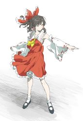 Rule 34 | 1girl, asawa (dm owr), ascot, bad id, bad twitter id, black hair, bow, brown eyes, detached sleeves, full body, hair bow, hair tubes, hakurei reimu, nontraditional miko, pointing, shoes, short hair, socks, solo, standing, touhou, white background, wide sleeves