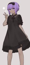 Rule 34 | 1girl, black dress, black flower, black hairband, black ribbon, collarbone, dark skin, dark-skinned female, dress, fate/prototype, fate/prototype: fragments of blue and silver, fate (series), flower, grey background, hair flower, hair ornament, hairband, hand up, hassan of serenity (fate), highres, i.u.y, neck ribbon, puffy short sleeves, puffy sleeves, purple eyes, purple hair, ribbon, see-through, short sleeves, simple background, solo, star (symbol), w