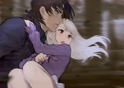 Rule 34 | 1boy, 1girl, bad id, bad pixiv id, black eyes, blurry, blurry background, blush, brown hair, carrying, closed mouth, colored skin, cross, fate (series), ikuchan kaoru, illyasviel von einzbern, kotomine kirei, leaf, light blush, long hair, multicolored skin, open mouth, outdoors, princess carry, red eyes, redrawn, tree, white hair