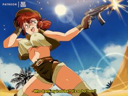Rule 34 | 1girl, animated, animated gif, baseball cap, black gloves, bluethebone, blush, bouncing breasts, breasts, brown hair, brown shorts, clothing cutout, commentary, covered erect nipples, day, desert, english commentary, english text, finger on trigger, fio germi, firing, glasses, gloves, gun, hat, high-waist shorts, knee pads, lens flare, load bearing vest, machine gun, metal slug, military, muzzle flash, no bra, palm tree, retro artstyle, revealing clothes, rimless eyewear, round eyewear, sand, sand dunes, shell casing, short ponytail, short shorts, shorts, side cutout, skorpion vz. 61, sleeveless, solo, submachine gun, sun, thighhighs, thong, tree, underboob, upper body, weapon, whale tail (clothing)
