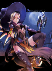 Rule 34 | 1girl, blonde hair, bloodink, blue eyes, hat, looking at viewer, mechanical wings, mercy (overwatch), moon, night, night sky, official alternate costume, overwatch, overwatch 1, sky, solo, thighhighs, wings, witch, witch hat, witch mercy