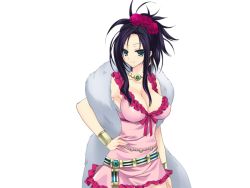 Rule 34 | 1girl, belt, black hair, breasts, cleavage, deborah (dq5), dragon quest, dragon quest v, dress, female focus, flower, green eyes, hand on own hip, kumatora tatsumi, large breasts, legs, long hair, looking at viewer, rose, simple background, smile, solo, standing, thighs, white background