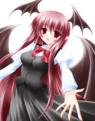 Rule 34 | 1girl, breasts, demon wings, female focus, head wings, koakuma, long hair, outstretched arms, outstretched hand, pointy ears, red eyes, red hair, shirotsuki kouta, smile, solo, embodiment of scarlet devil, touhou, wings