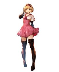 Rule 34 | 1girl, annno ans, blonde hair, boots, breasts, brown hair, closed mouth, commentary request, djeeta (granblue fantasy), dress, full body, gloves, granblue fantasy, hair ornament, hairband, hand up, highres, lips, looking at viewer, medium breasts, pink dress, puffy sleeves, short dress, short hair, simple background, smile, solo, standing, thigh boots, thighhighs, white background, zettai ryouiki