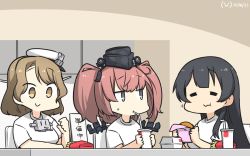 Rule 34 | 3girls, agano (kancolle), anchor hair ornament, atlanta (kancolle), black hair, black headwear, blush, breasts, brown eyes, burger, cup, disposable cup, drinking straw, eating, closed eyes, fast food, food, french fries, garrison cap, gloves, hair ornament, hamu koutarou, hat, headgear, highres, holding, houston (kancolle), kantai collection, large breasts, long hair, looking at viewer, multiple girls, one-hour drawing challenge, peaked cap, shirt, short hair, short sleeves, sitting, smile, sweat, two side up, white gloves, white shirt