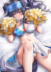 Rule 34 | 1girl, absurdres, animal ears, been, black hair, blue archive, blue eyes, blunt bangs, breasts, cheerleader, cleavage, collar, crop top, detached collar, dog ears, dog girl, dog tail, eyewear on head, facial mark, goggles, goggles on head, hands up, hibiki (blue archive), hibiki (cheer squad) (blue archive), highres, holding, holding pom poms, knee up, large breasts, long hair, lying, millennium cheerleader outfit (blue archive), miniskirt, navel, official alternate costume, on back, panties, pixiv username, pleated skirt, pom pom (cheerleading), pom poms, sidelocks, skirt, solo, star (symbol), star facial mark, star sticker, stomach, tail, text print, thighs, twitter username, underwear, white collar, white panties, white skirt