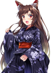 Rule 34 | 1girl, :d, alternate costume, animal ears, black kimono, blush, breasts, brown hair, commentary request, cowboy shot, e.o., fang, highres, imaizumi kagerou, japanese clothes, kimono, large breasts, long hair, long sleeves, looking at viewer, obi, open mouth, red eyes, red sash, sash, sidelocks, simple background, smile, solo, standing, touhou, very long hair, white background, wide sleeves, wolf ears