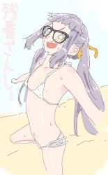 Rule 34 | armpits, bikini, blunt bangs, breasts, flat chest, glasses, groin, highres, long hair, micro bikini, nipple slip, nipples, off shoulder, oogaki chiaki, purple hair, simple background, small breasts, smile, solo, sweat, swimsuit, thighs, white background, white bikini, yurucamp