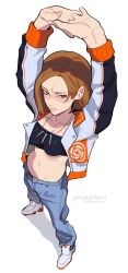 Rule 34 | 1girl, absurdres, alternate costume, arms up, artist name, black tube top, blue pants, brown eyes, brown hair, casual, closed mouth, denim, from above, highres, jacket, jeans, jewelry, jujutsu kaisen, kugisaki nobara, medium hair, midriff, navel, necklace, open clothes, open jacket, orange jacket, own hands together, pants, porqueloin, shoes, sideways glance, simple background, sneakers, solo, straight hair, strapless, stretching, tube top, white background, white footwear, white jacket