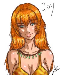 Rule 34 | 1girl, arms behind back, bikini, borockman, breasts, character name, cleavage, female focus, jewelry, joy (shenmue), large breasts, lips, long hair, necklace, orange hair, shenmue, shenmue ii, simple background, smile, solo, swimsuit, upper body
