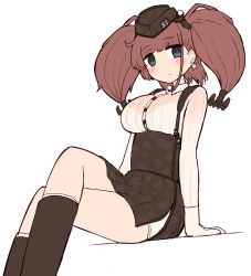 Rule 34 | 1girl, anchor hair ornament, atlanta (kancolle), black footwear, black hat, black skirt, breasts, brown hair, crossed legs, dress shirt, earrings, feet out of frame, garrison cap, grey eyes, hair ornament, hat, high-waist skirt, highres, jewelry, kantai collection, large breasts, long hair, long sleeves, looking at viewer, shirt, simoyuki, simple background, sitting, skirt, solo, star (symbol), star earrings, suspender skirt, suspenders, two side up, white background, white shirt