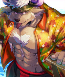 Rule 34 | 1boy, abashiri (abasirisippo), abs, absurdres, alternate costume, animal ears, bara, beach, black male swimwear, brown fur, bulge, camouflage, camouflage headwear, casual, chest hair, cow ears, cow horns, furry, furry male, headband, highres, horns, large pectorals, male focus, male swimwear, minotaur, muscular, muscular male, navel, open clothes, open shirt, pectoral cleavage, pectorals, purple eyes, purple horns, red male swimwear, shennong (housamo), short hair, solo, stomach, swim trunks, tokyo houkago summoners, tongue, tongue out, water, white hair