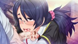 Rule 34 | 1girl, after fellatio, blue hair, blush, breasts, butcha-u, censored, cleavage, cum, cum in mouth, from above, game cg, glasses, hair ornament, hair scrunchie, indoors, long hair, low-tied long hair, meikoku gakuen taidou hen, mosaic censoring, open mouth, original, penis, purple eyes, school uniform, scrunchie, solo focus, standing, table, tadokoro aoi