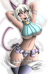 Rule 34 | 1girl, animal ears, armpits, bell, neck bell, belt, blue eyes, breasts, cat ears, cat tail, collar, crop top, dark skin, dark-skinned female, fangs, highres, large breasts, ms. fortune (skullgirls), open mouth, ribbed sweater, scar, short shorts, shorts, skullgirls, narrow waist, slit pupils, smile, solo, sweater, tail, takilmar, thick thighs, thigh gap, thighs, underboob, utility belt