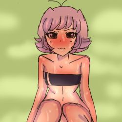 Rule 34 | 1other, ahoge, ambiguous gender, androgynous, bare shoulders, blurry, blush, depth of field, facing viewer, flat chest, gradient background, green background, gris swimsuit, komi-san wa komyushou desu, looking at viewer, meme attire, one-piece swimsuit, osana najimi (komi-san wa komyushou desu), short hair, solo, strapless, strapless one-piece swimsuit, sweat, swimsuit, tagme, trap