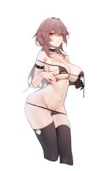 Rule 34 | 1girl, absurdres, arm strap, azur lane, bare arms, bare shoulders, bikini, black bikini, black choker, black gloves, black thighhighs, breasts, brown hair, choker, cleft of venus, closed mouth, commentary, cropped legs, duca degli abruzzi (azur lane), eiroyi, gloves, hair between eyes, highres, large breasts, long hair, looking at viewer, mole, mole on breast, mole under eye, nail polish, navel, pussy, red eyes, red nails, see-through, simple background, single glove, solo, stomach, strap slip, string bikini, swimsuit, symbol-only commentary, thighhighs, white background