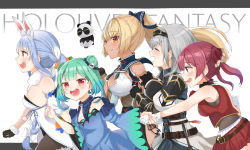 Rule 34 | 5girls, absurdres, animal ear fluff, animal ears, aqua hair, armor, bad id, bad pixiv id, belt, black gloves, black pantyhose, blonde hair, blue dress, blue hair, blush, bodystocking, bow, braid, breasts, carrot hair ornament, cleavage, cleavage cutout, closed eyes, closed mouth, clothing cutout, collar, copyright name, cowboy shot, crop top, dark-skinned female, dark skin, double bun, dress, english text, fingerless gloves, food-themed hair ornament, frilled collar, frills, fur scarf, gloves, hair bow, hair bun, hair ornament, hair ribbon, highres, holding hands, hololive, houshou marine, kintsuba (shiranui flare), large breasts, leotard, letterboxed, long hair, looking at viewer, medium breasts, medium hair, moonbell, multicolored hair, multiple girls, off-shoulder dress, off shoulder, open mouth, orange eyes, panda, pantyhose, playboy bunny, pleated skirt, pointy ears, pom pom (clothes), ponytail, profile, rabbit ears, red eyes, red hair, red skirt, ribbon, see-through, see-through leotard, shiranui flare, shiranui flare (old design), shirogane noel, shirogane noel (1st costume), short hair, simple background, skirt, skull hair ornament, sleeveless, small breasts, smile, tiara, tress ribbon, twin braids, twintails, two-tone hair, uruha rushia, uruha rushia (1st costume), usada pekora, usada pekora (1st costume), vambraces, virtual youtuber, walking, white background, white dress, white hair, wide sleeves