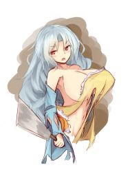 Rule 34 | 1girl, armpit peek, armpits, arms at sides, bare shoulders, breasts, cleavage, commentary request, d:, detached sleeves, dress, grey hair, hatchet, highres, holding, holding weapon, large breasts, long hair, looking at viewer, multicolored clothes, multicolored dress, nata (tool), navel, open mouth, perky breasts, red eyes, sakata nemuno, satou rin (gobugabuge), sideboob, solo, stomach, strapless, toned, torn clothes, torn dress, touhou, upper body, very long hair, weapon