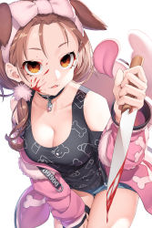 Rule 34 | 1girl, absurdres, alternate hairstyle, animal ears, blood, blood on face, bloody weapon, breasts, brown eyes, brown hair, choker, dog ears, dog girl, empty eyes, highres, holding, holding knife, hololive, hood, hoodie, inugami korone, inugami korone (loungewear), jewelry, knife, looking at viewer, neko7, official alternate costume, open clothes, open hoodie, pendant, short shorts, shorts, simple background, solo, tank top, virtual youtuber, weapon, white background, yandere