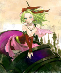 Rule 34 | 1990s (style), 1girl, bad id, bad pixiv id, bare shoulders, blush, breasts, cape, cleavage, collarbone, elbow gloves, female focus, final fantasy, final fantasy vi, gloves, green eyes, green hair, hair ribbon, long hair, matching hair/eyes, outdoors, pantyhose, pointy ears, ri-ko, ribbon, sky, solo, tina branford