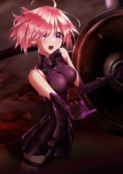 Rule 34 | 1girl, armor, armored dress, bare shoulders, blush, breasts, commentary request, fate/grand order, fate (series), gloves, hair over one eye, holding, holding shield, large breasts, looking at viewer, mash kyrielight, open mouth, purple eyes, shield, short hair, smile, solo, sora (men0105), tearing up