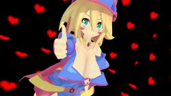 Rule 34 | 1girl, 3d, artist request, bare shoulders, blonde hair, blue gloves, breasts, cleavage, dark magician girl, detached sleeves, elbow gloves, fingers together, gloves, green eyes, hat, heart, highres, large breasts, looking at viewer, magical girl, magician, simple background, smile, solo, thick thighs, thighs, wide hips, wizard, wizard hat, yu-gi-oh!