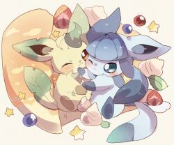 Rule 34 | :3, blue eyes, blueberry, blush stickers, brown eyes, cherry, commentary, cream, creatures (company), crepe, food, fruit, game freak, gen 4 pokemon, glaceon, hand on another&#039;s face, leaf, leafeon, nintendo, one eye closed, pokemon, pokemon (creature), sitting, star (symbol), strawberry, strawberry slice, yupo 0322