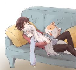 Rule 34 | 2girls, black hair, closed eyes, couch, cushion, hand in another&#039;s hair, hand in own hair, holding, hug, long hair, lying, multicolored hair, multiple girls, nagasawa (tthnhk), on back, on stomach, open mouth, red hair, ruby rose, rwby, scar, scar across eye, scar on face, sleeping, sleeping on person, two-tone hair, very long hair, weiss schnee, white hair, yuri