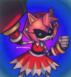 Rule 34 | 1girl, 9474s0ul, animal ears, artist name, blue background, clenched hand, commentary, dress, english commentary, green eyes, heart, heart-shaped pupils, highres, looking at viewer, metal amy, red dress, robot, robot girl, solo, sonic (series), standing, symbol-shaped pupils