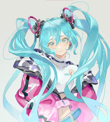 Rule 34 | 1girl, aqua eyes, aqua hair, armpit cutout, belt, blue eyes, blue hair, breasts, closed mouth, clothing cutout, crop top, cropped jacket, grey background, hair between eyes, hair ornament, hatsune miku, head tilt, headphones, highres, jacket, long hair, long sleeves, looking at viewer, medium breasts, midriff, navel, off shoulder, open clothes, open jacket, partially unbuttoned, pink jacket, px2011, shirt, simple background, smile, solo, turtleneck, twintails, upper body, very long hair, vocaloid, white shirt