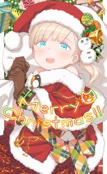 Rule 34 | 1girl, alternate costume, blonde hair, blue eyes, blunt bangs, brown gloves, capelet, christmas, english text, fur-trimmed capelet, fur-trimmed headwear, fur trim, gift, gloves, hat, hayashi naoharu, highres, holding, holding sack, kantai collection, long hair, merry christmas, open mouth, red capelet, red hat, round teeth, sack, santa costume, santa hat, shin&#039;you (kancolle), side ponytail, solo, teeth, upper teeth only
