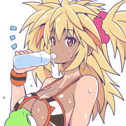 Rule 34 | 1girl, asahi, bare arms, bare shoulders, blonde hair, bottle, breasts, cheerleader, cleavage, cleavage cutout, clothing cutout, dark-skinned female, dark skin, drinking, female focus, hinode aoi, holding, holding bottle, holding towel, huge breasts, large breasts, lilith-soft, long hair, looking at viewer, orange eyes, shiny skin, simple background, solo, spiked hair, standing, sweat, sweatdrop, taimanin (series), taimanin rpgx, tan, tanline, thighs, towel, very long hair
