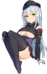 Rule 34 | 1girl, :o, alternate breast size, ass, bad id, bad pixiv id, beret, black hat, black skirt, black thighhighs, blush, breasts, cross, full body, german flag, girls&#039; frontline, gloves, green eyes, hat, highres, hk416 (girls&#039; frontline), iron cross, jacket, knees up, large breasts, long hair, long sleeves, looking at viewer, miniskirt, no shoes, panties, parted lips, plantar flexion, pleated skirt, purple jacket, rikoma, sidelocks, silver hair, simple background, sitting, skirt, solo, thighhighs, underboob, underwear, very long hair, white background, white gloves, white panties