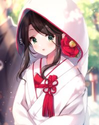 Rule 34 | 1boy, 1girl, black hair, black kimono, blurry, blurry background, blush, day, depth of field, flower, green eyes, hair flower, hair ornament, highres, hood, hood up, irori, japanese clothes, kimono, long hair, looking at viewer, notice lines, original, outdoors, parted lips, red flower, solo focus, swept bangs, uchikake, upper body, white kimono