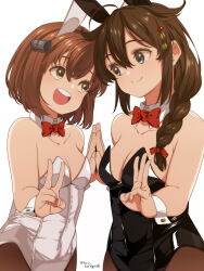 Rule 34 | 2girls, ahoge, animal ears, black leotard, blue eyes, bow, bowtie, braid, breasts, brown eyes, brown hair, brown pantyhose, commentary request, covered navel, detached collar, fake animal ears, hair flaps, hair ornament, hair over shoulder, highleg, highleg leotard, highres, kantai collection, laco soregashi, leotard, multiple girls, open mouth, pantyhose, playboy bunny, rabbit ears, shigure (kancolle), shigure kai ni (kancolle), short hair, single braid, small breasts, speaking tube headset, strapless, strapless leotard, traditional bowtie, twitter username, upper body, white leotard, wrist cuffs, yukikaze (kancolle)