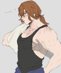 Rule 34 | 1boy, ?, bara, black tank top, blush, brown eyes, brown hair, granblue fantasy, grey background, highres, holding, holding towel, large pectorals, long hair, male focus, momimomi, muscular, muscular male, open mouth, pectorals, ponytail, siegfried (granblue fantasy), simple background, tank top, towel, translation request, upper body, white towel