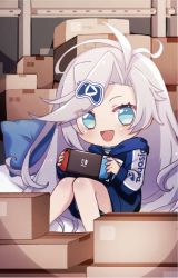 Rule 34 | 1girl, artist request, blue eyes, blue hoodie, box, cardboard box, chibi, commentary, copyright name, english commentary, handheld game console, holding, holding handheld game console, hood, hoodie, logo, nintendo switch, obake pam, open mouth, pillow, playasia, print sleeves, second-party source, silver hair, sitting, smile, solo, virtual youtuber