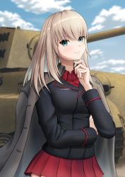 Rule 34 | 1girl, absurdres, black jacket, blue eyes, blue sky, blurry, blurry background, closed mouth, cloud, coat, coat on shoulders, commentary, day, depth of field, dress shirt, finger to own chin, girls und panzer, grey coat, grey hair, hand on own arm, highres, itsumi erika, jacket, kuromorimine military uniform, long sleeves, looking at viewer, medium hair, military, military uniform, military vehicle, miniskirt, motor vehicle, outdoors, pleated skirt, prefecture54, red shirt, red skirt, shirt, skirt, sky, smile, solo, standing, tank, tiger ii, trench coat, uniform, wing collar