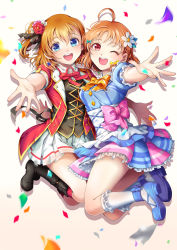 Rule 34 | 2girls, :d, ;d, ahoge, black ribbon, blonde hair, blue eyes, bokura no live kimi to no life, boots, confetti, flower, hair flower, hair ornament, highres, in-franchise crossover, jumping, kosaka honoka, love live!, love live! school idol project, love live! sunshine!!, multiple girls, one eye closed, open mouth, outstretched arms, pink ribbon, red eyes, ribbon, sha (shareddelicious), short hair, smile, takami chika, white background