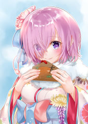 Rule 34 | 1girl, ayame chiyo, blue background, bow, cherry blossom print, eyes visible through hair, fate/grand order, fate (series), floral print, fur-trimmed kimono, fur trim, furisode, hair over one eye, highres, holding, japanese clothes, kimono, long sleeves, looking at viewer, mash kyrielight, mash kyrielight (irohanihoheto), official alternate costume, pink eyes, print kimono, purple eyes, purple hair, short hair, smile, solo, upper body, waist bow, white kimono, wide sleeves