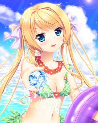 Rule 34 | 1girl, 33paradox, bikini, blonde hair, blue eyes, bow, breasts, cleavage, cloud, collarbone, day, flower necklace, green bikini, hair ribbon, highres, lei, long hair, looking at viewer, medium breasts, navel, ocean, open mouth, outdoors, purple ribbon, ribbon, see-through, smile, solo, swimsuit, twintails, water