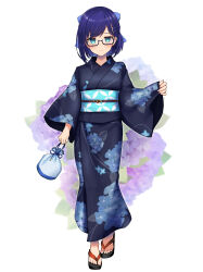 Rule 34 | 1girl, a-chan (hololive), absurdres, alternate costume, aqua eyes, aqua sash, blue hair, blue kimono, blush, bow, breasts, closed mouth, eyelashes, feet, flip-flops, floral background, floral print, full body, glasses, hair bow, hand up, highres, holding, hololive, japanese clothes, kimono, looking at viewer, medium hair, obi, obijime, parted bangs, sandals, sash, shara (syara so ju), small breasts, solo, standing, swept bangs, toenails, toes, virtual youtuber, white background, wide sleeves, yukata