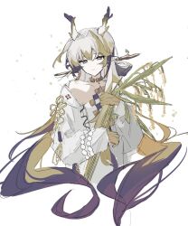 Rule 34 | 1girl, arknights, bare shoulders, beads, blonde hair, closed mouth, colored skin, cropped torso, dragon girl, dragon horns, earrings, grey eyes, grey hair, hair between eyes, half-closed eyes, highres, holding, holding plant, horns, jacket, jewelry, long hair, long sleeves, looking down, multicolored hair, necklace, off shoulder, open clothes, open jacket, plant, pointy ears, purple hair, purple horns, qiming zhen de hao nan, red pupils, sheaf, shu (arknights), simple background, sketch, smile, solo, upper body, very long hair, wheat, white background, white horns, white jacket, yellow horns