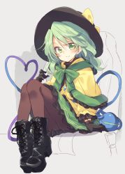 Rule 34 | 1girl, ankle boots, arm at side, black footwear, black gloves, black hat, blouse, blush, boots, bow, brown pantyhose, capelet, closed mouth, commentary request, cross-laced footwear, eyeball, frills, full body, gloves, green bow, green eyes, green hair, green skirt, grey background, hat, hat ribbon, heart, heart of string, knees up, komeiji koishi, lace-up boots, long hair, long sleeves, looking at viewer, pantyhose, platform footwear, ribbon, satou kibi, shirt, sitting, skirt, smile, solo, third eye, touhou, yellow ribbon, yellow shirt