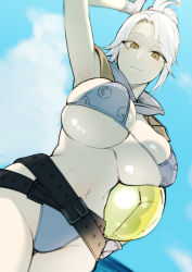 Rule 34 | 1girl, absurdres, animification, arm up, ball, beach, beachball, belt, bikini, bracelet, breasts, collar, dutch angle, highres, holding, holding ball, jett (valorant), jewelry, kayumidome, large breasts, looking at viewer, ponytail, standing, swimsuit, valorant, white hair, yellow eyes