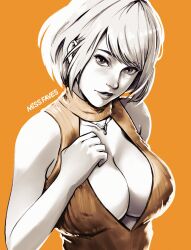 Rule 34 | artist name, ashley graham, blonde hair, breasts, cleavage, cleavage cutout, clothing cutout, commentary, english commentary, hand on own chest, highres, jewelry, large breasts, lips, looking at viewer, miss faves, necklace, orange background, orange sweater, orange theme, resident evil, resident evil 4, short hair, sleeveless, sleeveless sweater, sleeveless turtleneck, sweater, turtleneck, turtleneck sweater, upper body