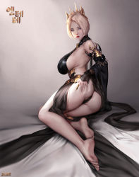 Rule 34 | 1girl, absurdres, armpits, ass, player character (mabinogi), back, backless outfit, bare shoulders, barefoot, blush, breasts, crown, detached sleeves, dress, foreshortening, full body, highres, jagercoke, large breasts, legs, looking at viewer, looking back, mabinogi, mabinogi heroes, no bra, original, panties, partially visible vulva, sideboob, sitting, soles, solo, thighs, underwear