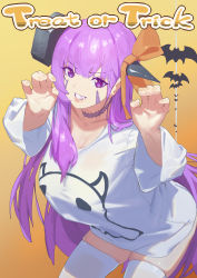 Rule 34 | 1girl, absurdres, bat (animal), bb (fate), bb (fate/extra), blush, bolt (hardware), breasts, claw pose, cleavage, collarbone, facial mark, fate/extra, fate/extra ccc, fate (series), grin, hair ribbon, halloween, highres, large breasts, long hair, looking at viewer, nox13, orange ribbon, purple eyes, purple hair, ribbon, shirt, smile, thighhighs, thighs, very long hair, white shirt